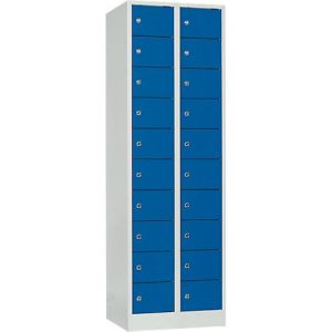 Schließfachschrank, Stahlbl., Türanschl. rechts, Zylinderschloss, 20 Fächer, B 600 x H 1800 mm, l.grau RAL 7035/e.blau RAL 5010