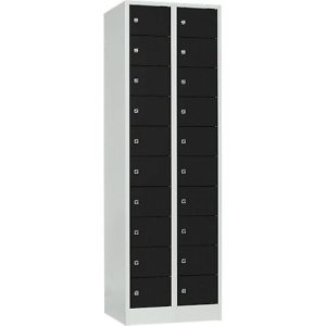 Schließfachschrank, Stahlbl., Türanschl. rechts, Zylinderschloss, 20 Fächer, B 600 x H 1800 mm, l.grau RAL 7035/t.schw. RAL 9005