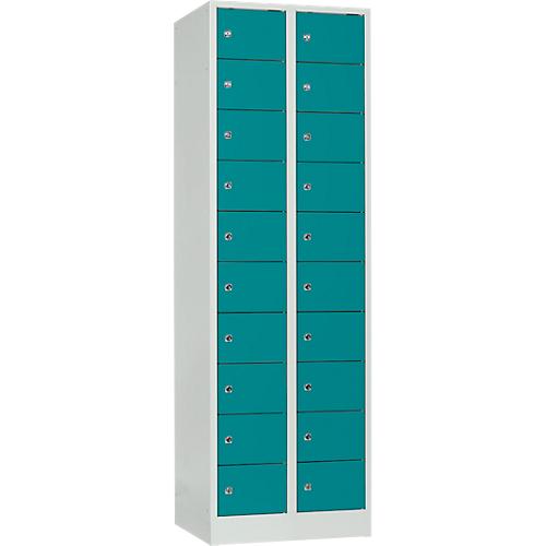 Schließfachschrank, Stahlbl., Türanschl. rechts, Zylinderschloss, 20 Fächer, B 600 x H 1800 mm, l.grau RAL 7035/w.blau RAL 5021