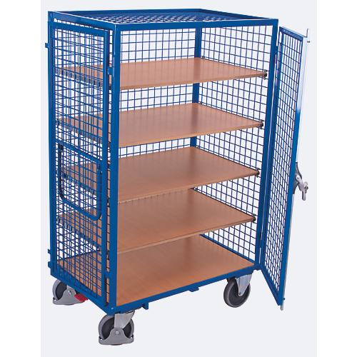 Schrankwagen, Stahl/MDF-Platte, Enzianblau/Buche-Dekor, 5 Etagen, 1045 x 685 mm, Dach und Doppelflügeltür, abschließbar, EasySTOP, bis 500 kg