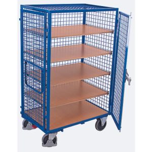 Schrankwagen, Stahl/MDF-Platte, Enzianblau/Buche-Dekor, 5 Etagen, 1245 x 785 mm, Dach und Doppelflügeltür, abschließbar, EasySTOP, bis 500 kg