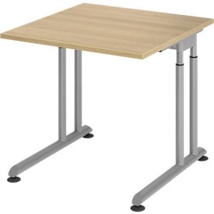 Schreibtisch Breno, manuelle Höheneinstellung, horizontaler Kabelkanal, B 800 x T 800 x H 680-820 mm, Spanplatte & Stahl, Eiche/Silber
