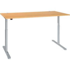 Schreibtisch, einstufig elektrisch höhenverstellbar, T-Fuß Rundrohr, B 1800 x T 800 x H 710-1180 mm, Buche/weißaluminium Schreibtisch, einstufig elektrisch höhenverstellbar, T-Fuß Rundrohr, B 1800 x T 800 x H 710-1180 mm, Buche/weißaluminium