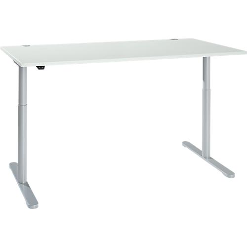 Schreibtisch, einstufig elektrisch höhenverstellbar, T-Fuß Rundrohr, B 1800 x T 800 x H 710-1180 mm, lichtgrau/weißaluminium