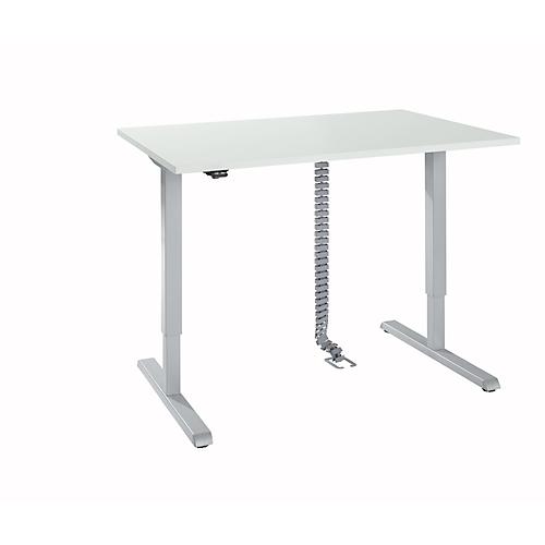Schreibtisch, elektrisch höhenverstellbar, inkl. Kabelkette & Kabelkanal, Rechteck, T-Fuß, B 1200 x T 800 x H 715-1205 mm, lichtgrau/weißaluminium