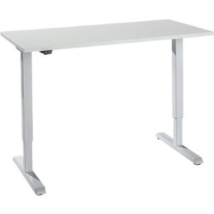 Schreibtisch, elektrisch höhenverstellbar, Rechteck, T-Fuß, B 1300 x T 650 x H 715-1205 mm, lichtgrau/weißaluminium Schreibtisch, elektrisch höhenverstellbar, Rechteck, T-Fuß, B 1300 x T 650 x H 715-1205 mm, lichtgrau/weißaluminium