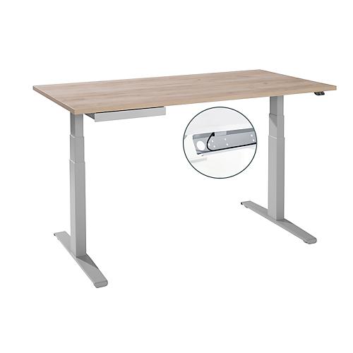 Schreibtisch, elektrisch höhenverstellbar, T-Fuß, B 1600 x T 800 x H 645-1290 mm, Wildeiche/weißaluminium + Kabelkanal, Zubehörschublade