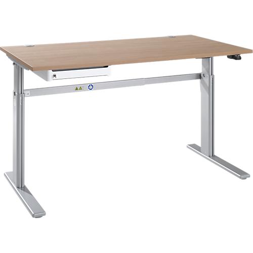 Schreibtisch STANDARD, elektrisch höhenverstellbar, B 1600 mm, Eiche/weißaluminium + OrgaWork Schublade
