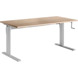 Schreibtisch Standard, rechteckig, manuell per Kurbel höhenverstellbar, C-Fuß, B 1600 x T 800 x H 728-1188 mm, Eiche-Dekor/weißaluminium Schreibtisch Standard, rechteckig, manuell per Kurbel höhenverstellbar, C-Fuß, B 1600 x T 800 x H 728-1188 mm, Eiche-Dekor/weißaluminium