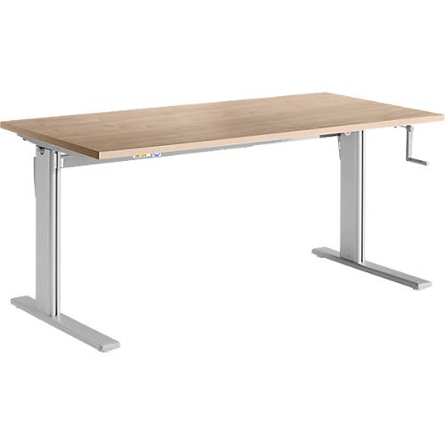 Schreibtisch Standard, rechteckig, manuell per Kurbel höhenverstellbar, C-Fuß, B 1600 x T 800 x H 728-1188 mm, Eiche-Dekor/weißaluminium
