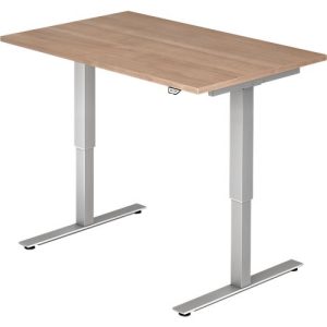 Schreibtisch ULM, elektrisch höhenverstellbar, Rechteck, T-Fuß, B 1200 x T 800 x H 720-1190 mm, Nussbaum/alusilber + Kabelwanne Schreibtisch ULM, elektrisch höhenverstellbar, Rechteck, T-Fuß, B 1200 x T 800 x H 720-1190 mm, Nussbaum/alusilber + Kabelwanne