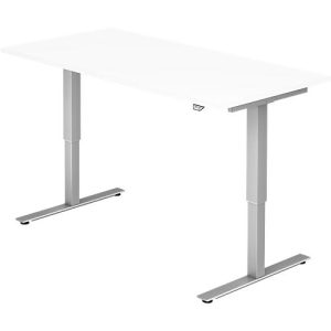 Schreibtisch ULM, elektrisch höhenverstellbar, Rechteck, T-Fuß, B 1600 x T 800 x H 720-1190 mm, weiß/alusilber + Kabelwanne Schreibtisch ULM, elektrisch höhenverstellbar, Rechteck, T-Fuß, B 1600 x T 800 x H 720-1190 mm, weiß/alusilber + Kabelwanne
