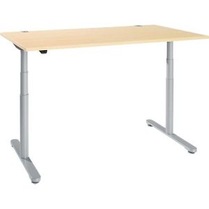 Schreibtisch, zweistufig elektrisch höhenverstellbar, T-Fuß Rundrohr, B 1600 x T 800 x H 634-1294 mm, Ahorn/weißaluminium Schreibtisch, zweistufig elektrisch höhenverstellbar, T-Fuß Rundrohr, B 1600 x T 800 x H 634-1294 mm, Ahorn/weißaluminium