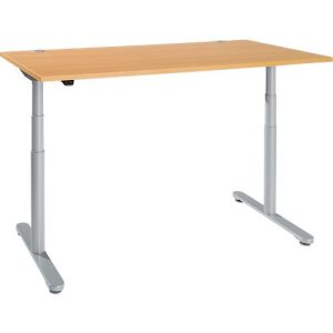 Schreibtisch, zweistufig elektrisch höhenverstellbar, T-Fuß Rundrohr, B 1600 x T 800 x H 634-1294 mm, Buche/weißaluminium Schreibtisch, zweistufig elektrisch höhenverstellbar, T-Fuß Rundrohr, B 1600 x T 800 x H 634-1294 mm, Buche/weißaluminium