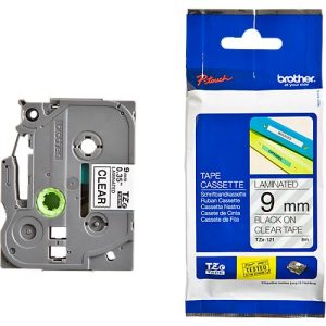 Schriftbandkassette Brother TZe-121, selbstklebend, L 8 m x B 9 mm, farblos/schwarz Schriftbandkassette Brother TZe-121, selbstklebend, L 8 m x B 9 mm, farblos/schwarz