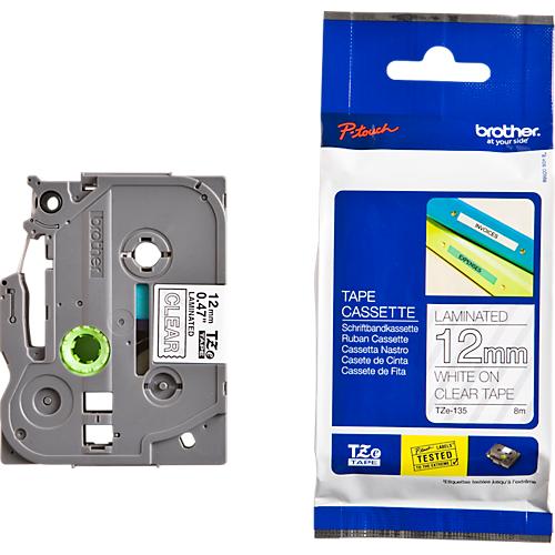 Schriftbandkassette Brother TZe-135, selbstklebend, L 8 m x B 12 mm, farblos/weiß