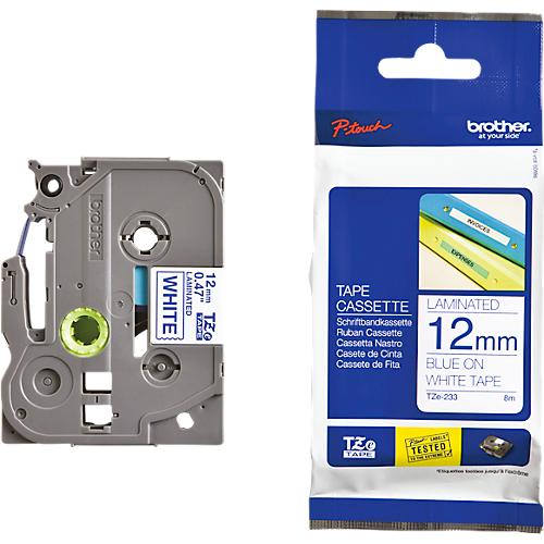 Schriftbandkassette Brother TZe-233, selbstklebend, L 8 m x B 12 mm, weiß/blau
