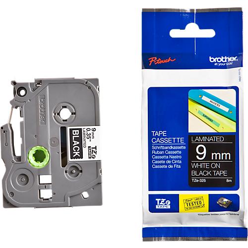 Schriftbandkassette Brother TZe-325, selbstklebend, L 8 m x B 9 mm, schwarz/weiß