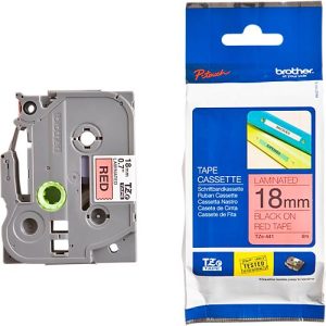 Schriftbandkassette Brother TZe-441, selbstklebend, L 8 m x B 18 mm, rot/schwarz Schriftbandkassette Brother TZe-441, selbstklebend, L 8 m x B 18 mm, rot/schwarz