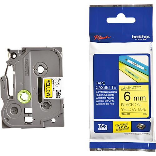 Schriftbandkassette Brother TZe-611, selbstklebend, L 8 m x B 6 mm, gelb/schwarz