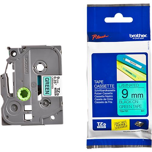 Schriftbandkassette Brother TZe-721, selbstklebend, L 8 m x B 9 mm, grün/schwarz