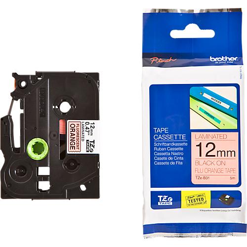 Schriftbandkassette Brother TZe-B31, selbstklebend, L 8 m x B 12 mm, signalorange/schwarz