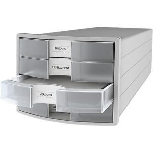 Schubladenbox HAN Impuls 2.0, 4 Schubladen, Format A4, stapelbar, geschlossen, grau/transparent-klar Schubladenbox HAN Impuls 2.0, 4 Schubladen, Format A4, stapelbar, geschlossen, grau/transparent-klar