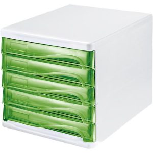 Schubladenbox helit, 5 Schübe, DIN A4, B 265 x H 250 x T 340 mm, Polypropylen, Gehäuse weiß/Schublade grün transparent Schubladenbox helit, 5 Schübe, DIN A4, B 265 x H 250 x T 340 mm, Polypropylen, Gehäuse weiß/Schublade grün transparent