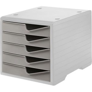 Schubladenbox styro® styroswing, 5 Schübe, Auszugsperre & Griffmulde, stapelbar, B 270 x T 340 x H 255 mm, Polystyrol, grau-taupe Schubladenbox styro® styroswing, 5 Schübe, Auszugsperre & Griffmulde, stapelbar, B 270 x T 340 x H 255 mm, Polystyrol, grau-taupe