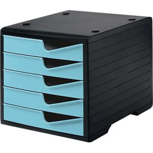 Schubladenbox styro® styroswing, 5 Schübe, Auszugsperre & Griffmulde, stapelbar, B 270 x T 340 x H 255 mm, Polystyrol, schwarz-aqua Schubladenbox styro® styroswing, 5 Schübe, Auszugsperre & Griffmulde, stapelbar, B 270 x T 340 x H 255 mm, Polystyrol, schwarz-aqua