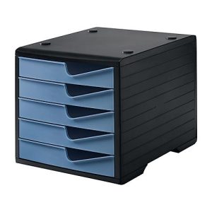 Schubladenbox styro® styroswing, 5 Schübe, Auszugsperre & Griffmulde, stapelbar, B 270 x T 340 x H 255 mm, Polystyrol, schwarz-taubenblau Schubladenbox styro® styroswing, 5 Schübe, Auszugsperre & Griffmulde, stapelbar, B 270 x T 340 x H 255 mm, Polystyrol, schwarz-taubenblau