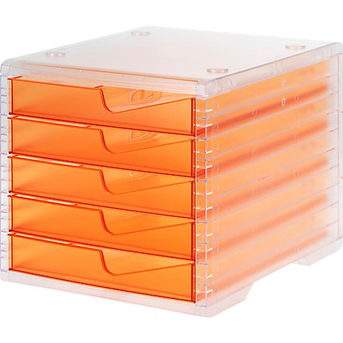 Schubladenbox styro® styroswing light, 5 Schübe, Auszugsperre & Griffmulde, stapelbar, B 270 x T 340 x H 255 mm, Polystyrol, transparent-apricot