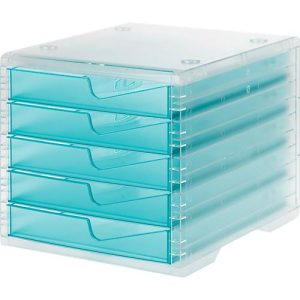 Schubladenbox styro® styroswing light, 5 Schübe, Auszugsperre & Griffmulde, stapelbar, B 270 x T 340 x H 255 mm, Polystyrol, transparent-aqua Schubladenbox styro® styroswing light, 5 Schübe, Auszugsperre & Griffmulde, stapelbar, B 270 x T 340 x H 255 mm, Polystyrol, transparent-aqua