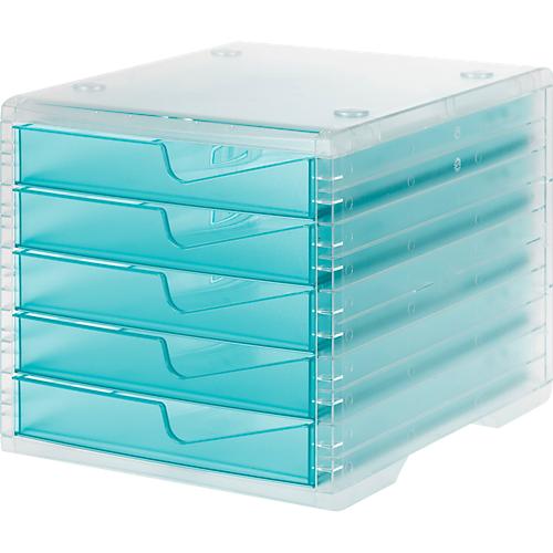 Schubladenbox styro® styroswing light, 5 Schübe, Auszugsperre & Griffmulde, stapelbar, B 270 x T 340 x H 255 mm, Polystyrol, transparent-aqua