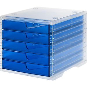 Schubladenbox styro® styroswing light, 5 Schübe, Auszugsperre & Griffmulde, stapelbar, B 270 x T 340 x H 255 mm, Polystyrol, transparent-blau Schubladenbox styro® styroswing light, 5 Schübe, Auszugsperre & Griffmulde, stapelbar, B 270 x T 340 x H 255 mm, Polystyrol, transparent-blau