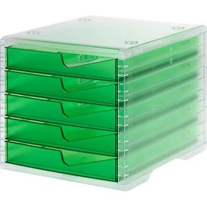 Schubladenbox styro® styroswing light, 5 Schübe, Auszugsperre & Griffmulde, stapelbar, B 270 x T 340 x H 255 mm, Polystyrol, transparent-grün Schubladenbox styro® styroswing light, 5 Schübe, Auszugsperre & Griffmulde, stapelbar, B 270 x T 340 x H 255 mm, Polystyrol, transparent-grün