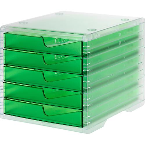 Schubladenbox styro® styroswing light, 5 Schübe, Auszugsperre & Griffmulde, stapelbar, B 270 x T 340 x H 255 mm, Polystyrol, transparent-grün