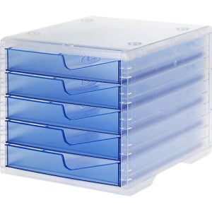 Schubladenbox styro® styroswing light, 5 Schübe, Auszugsperre & Griffmulde, stapelbar, B 270 x T 340 x H 255 mm, Polystyrol, transparent-hellblau Schubladenbox styro® styroswing light, 5 Schübe, Auszugsperre & Griffmulde, stapelbar, B 270 x T 340 x H 255 mm, Polystyrol, transparent-hellblau