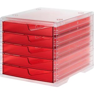 Schubladenbox styro® styroswing light, 5 Schübe, Auszugsperre & Griffmulde, stapelbar, B 270 x T 340 x H 255 mm, Polystyrol, transparent-rot Schubladenbox styro® styroswing light, 5 Schübe, Auszugsperre & Griffmulde, stapelbar, B 270 x T 340 x H 255 mm, Polystyrol, transparent-rot