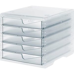 Schubladenbox styro® styroswing light, 5 Schübe, Auszugsperre & Griffmulde, stapelbar, B 270 x T 340 x H 255 mm, Polystyrol, transparent-transparent Schubladenbox styro® styroswing light, 5 Schübe, Auszugsperre & Griffmulde, stapelbar, B 270 x T 340 x H 255 mm, Polystyrol, transparent-transparent