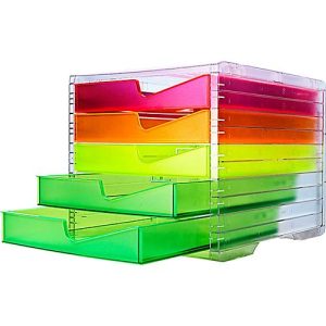 Schubladenbox styro® styroswing NEONline, 5 Schübe, Auszugsperre & Griffmulde, stapelbar, B 270 x T 340 x H 255 mm, Polystyrol, transparent-multicolor Schubladenbox styro® styroswing NEONline, 5 Schübe, Auszugsperre & Griffmulde, stapelbar, B 270 x T 340 x H 255 mm, Polystyrol, transparent-multicolor