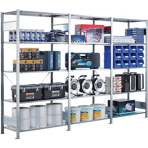 Schulte Lagertechnik Fachbodenregal, 1 Grundregal + 2 Anbauregale, inkl. 15 Fachböden, 5 Lagerebenen, B 3072 x T 300 x H 2000 mm, Stahl, grau