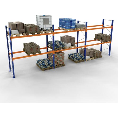 Schulte Lagertechnik Palettenregal, Grundregal, B 8444 x T 1100 x H 5000 mm, 3 Ebenen, Palettengewicht bis 1000 kg, Feldlast 6880 kg, blau/orange
