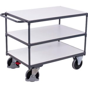 Schwerer ESD-Tischwagen, Stahl/Spanplatte, Graphitgrau/Lichtgrau, 3 Etagen, L 850 x B 500 mm, TPE-Rollen mit EasySTOP, bis 400 kg Schwerer ESD-Tischwagen, Stahl/Spanplatte, Graphitgrau/Lichtgrau, 3 Etagen, L 850 x B 500 mm, TPE-Rollen mit EasySTOP, bis 400 kg