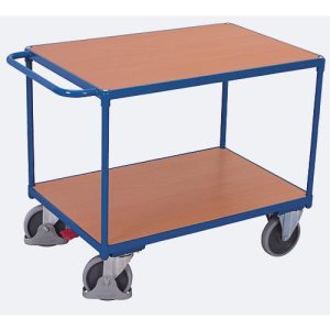 Schwerer Tischwagen, Stahl/MDF-Platte, Enzianblau/Buche-Dekor, 2 Etagen, L 1000 x B 700 mm, TPE-Rollen mit EasySTOP, bis 500 kg Schwerer Tischwagen, Stahl/MDF-Platte, Enzianblau/Buche-Dekor, 2 Etagen, L 1000 x B 700 mm, TPE-Rollen mit EasySTOP, bis 500 kg
