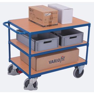 Schwerer Tischwagen, Stahl/MDF-Platte, Enzianblau/Buche-Dekor, 3 Etagen, L 1000 x B 600 mm, TPE-Rollen mit EasySTOP, bis 500 kg Schwerer Tischwagen, Stahl/MDF-Platte, Enzianblau/Buche-Dekor, 3 Etagen, L 1000 x B 600 mm, TPE-Rollen mit EasySTOP, bis 500 kg