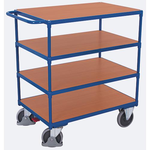 Schwerer Tischwagen, Stahl/MDF-Platte, Enzianblau/Buche-Dekor, 4 Etagen, L 1000 x B 700 mm, TPE-Rollen mit EasySTOP, bis 500 kg