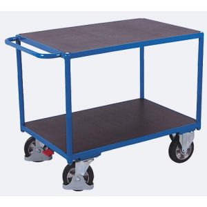 Schwerlast-Tischwagen, Stahl/Siebdruckplatte, Enzianblau/Dunkelbraun, 2 Etagen, L 1595 x B 800 mm, Vollgummi-Rollen mit EasySTOP, bis 1000 kg Schwerlast-Tischwagen, Stahl/Siebdruckplatte, Enzianblau/Dunkelbraun, 2 Etagen, L 1595 x B 800 mm, Vollgummi-Rollen mit EasySTOP, bis 1000 kg