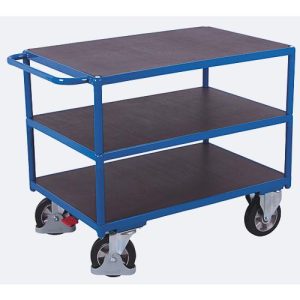Schwerlast-Tischwagen, Stahl/Siebdruckplatte, Enzianblau/Dunkelbraun, 3 Etagen, L 995 x B 700 mm, Vollgummi-Rollen mit EasySTOP, bis 1000 kg Schwerlast-Tischwagen, Stahl/Siebdruckplatte, Enzianblau/Dunkelbraun, 3 Etagen, L 995 x B 700 mm, Vollgummi-Rollen mit EasySTOP, bis 1000 kg