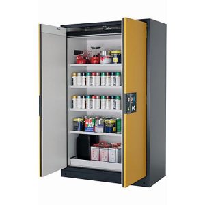 Sicherheitsschrank Typ 90 asecos Q-PEGASUS-90, Flügeltüren mit Schließ-Automatik, Einhandbedienung, Front Sicherheitsgelb, B 1193 x T 615 x H 1953 mm Sicherheitsschrank Typ 90 asecos Q-PEGASUS-90, Flügeltüren mit Schließ-Automatik, Einhandbedienung, Front Sicherheitsgelb, B 1193 x T 615 x H 1953 mm